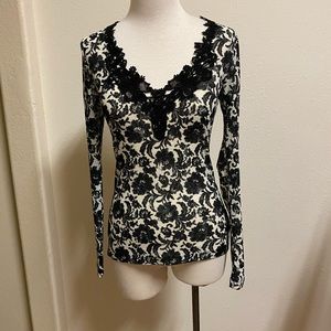 Karen Kane Floral Black and Cream Long Sleeve Top